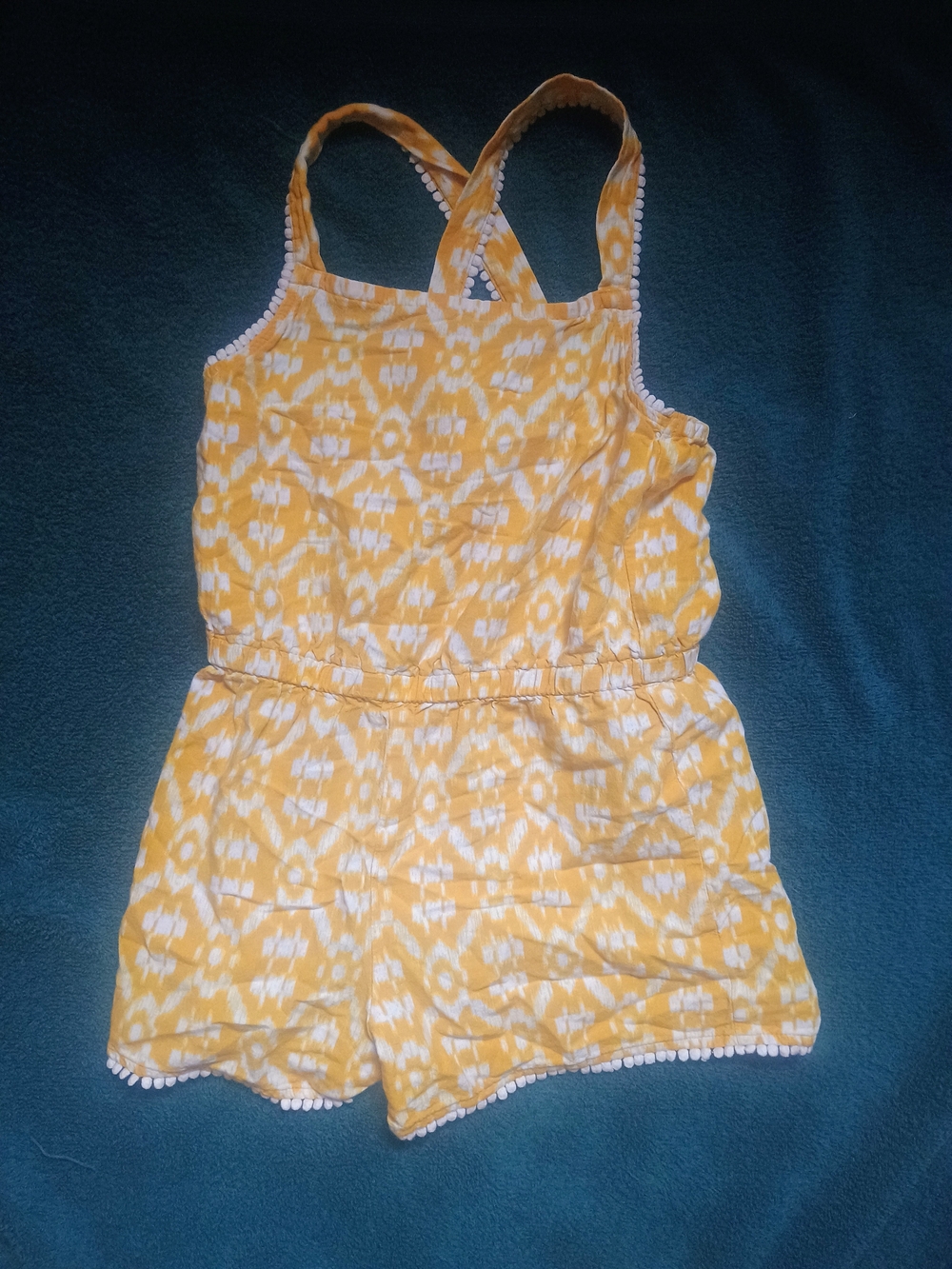 Girls Yellow Patterned Pom-Trim Romper
